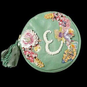 Anthropologie Anna Harlow Russo. Green Monogram Beaded Clutch Letter “E” $42 NWT